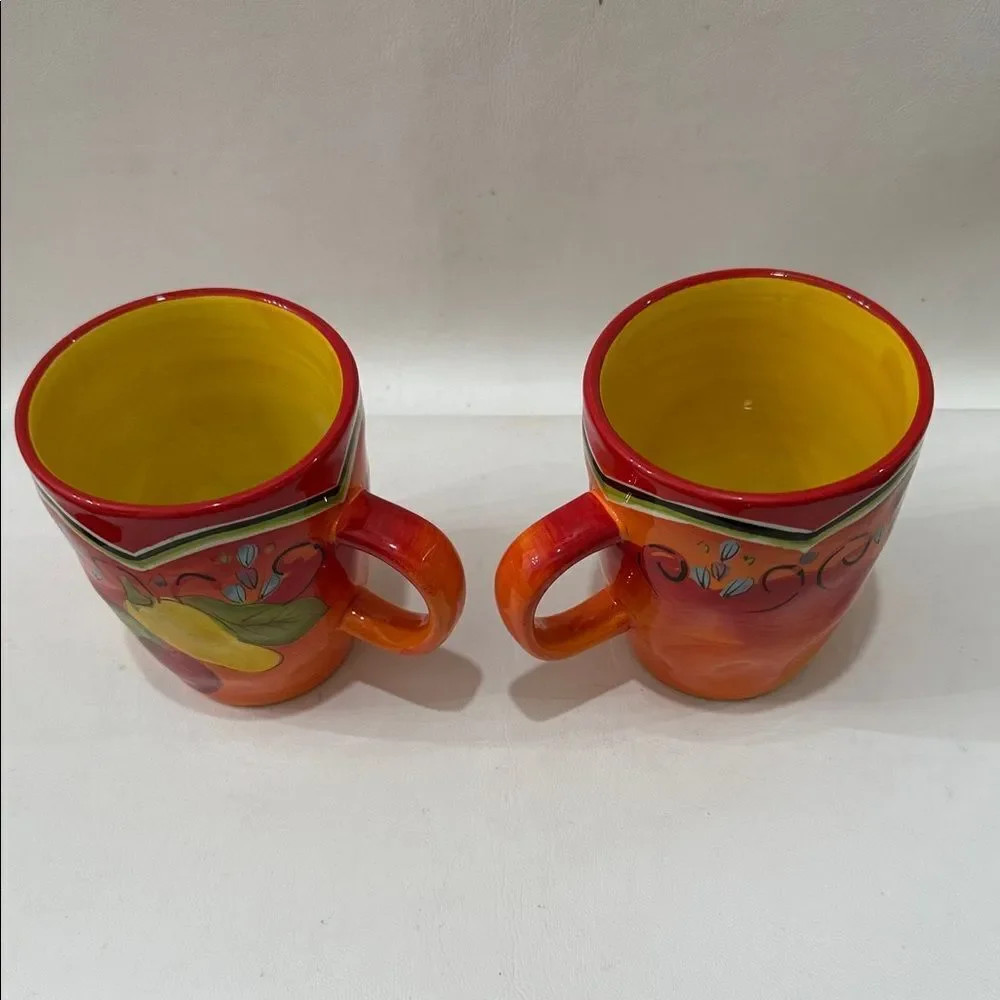Pier 1 Vibrant Pasilla Red Yellow  2 Mug Set Vintage Pepper Design 3 In Round